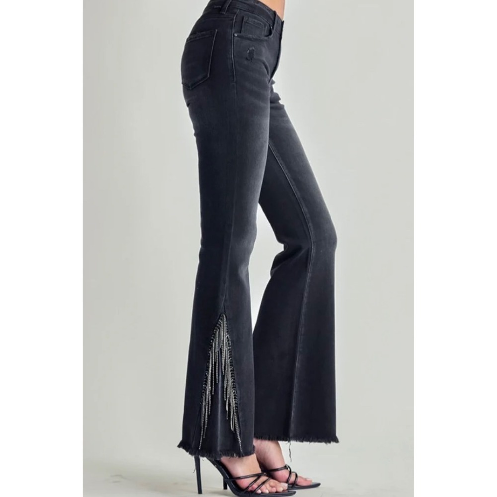 Risen Jeans Black Distressed Flare Rhinestone Chain Fringe Jeans Size 0/24 - Picture 1 of 16